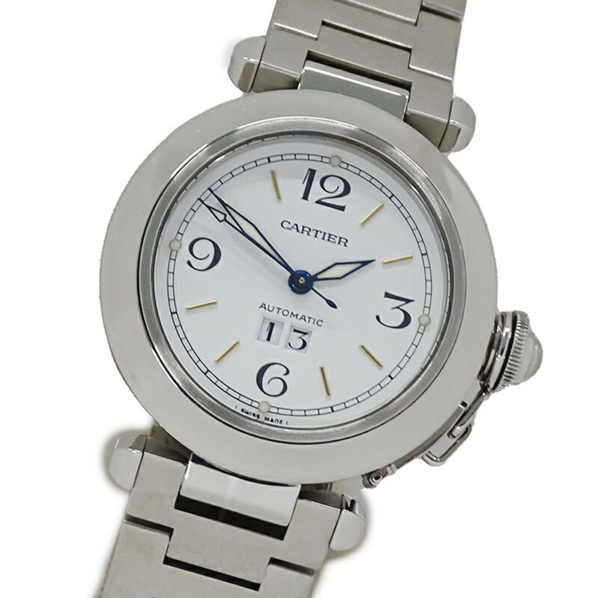 Cartier Pasha C Big Date Automatic Watch for Boys AT Stainless Steel SS W31044M7 Silver White Polish