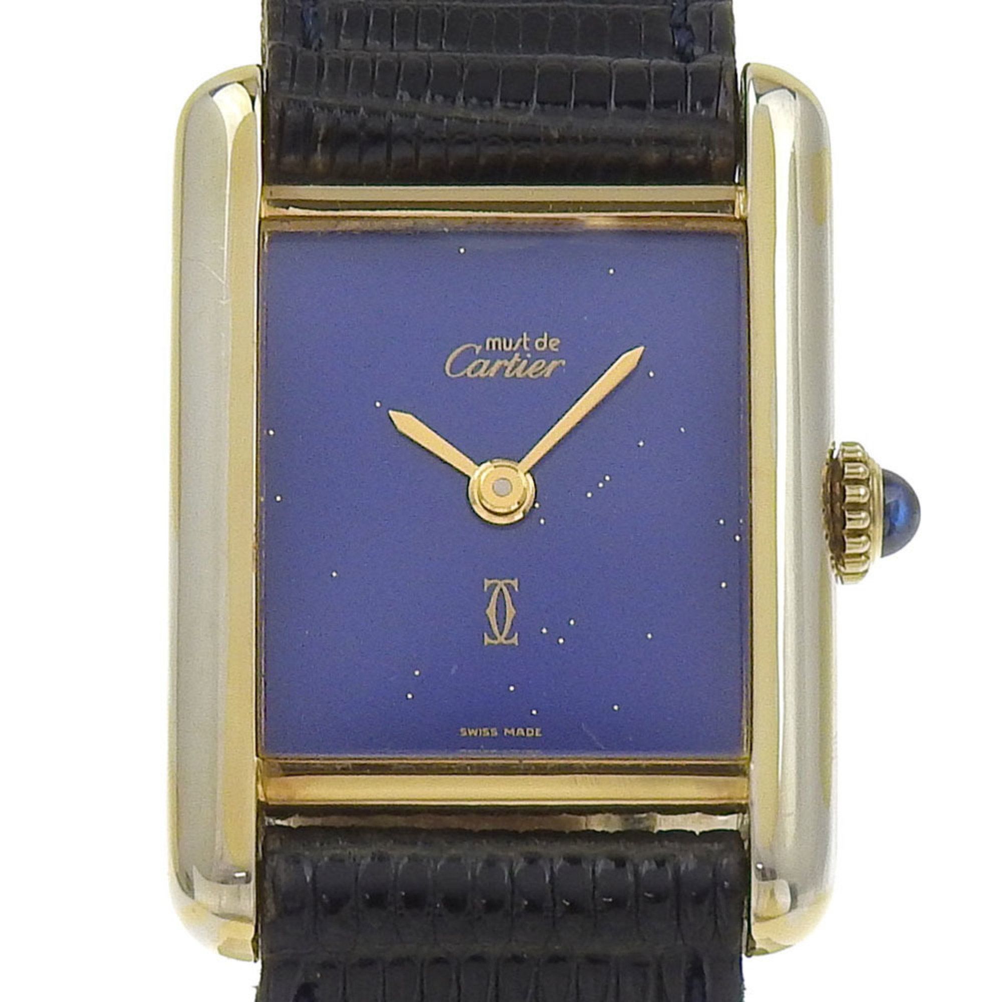 Cartier Must Tank Watch, Lapis Lazuli Dial, Cal. 2512-1, 60022, 925 Silver x Embossed Leather, Hand-