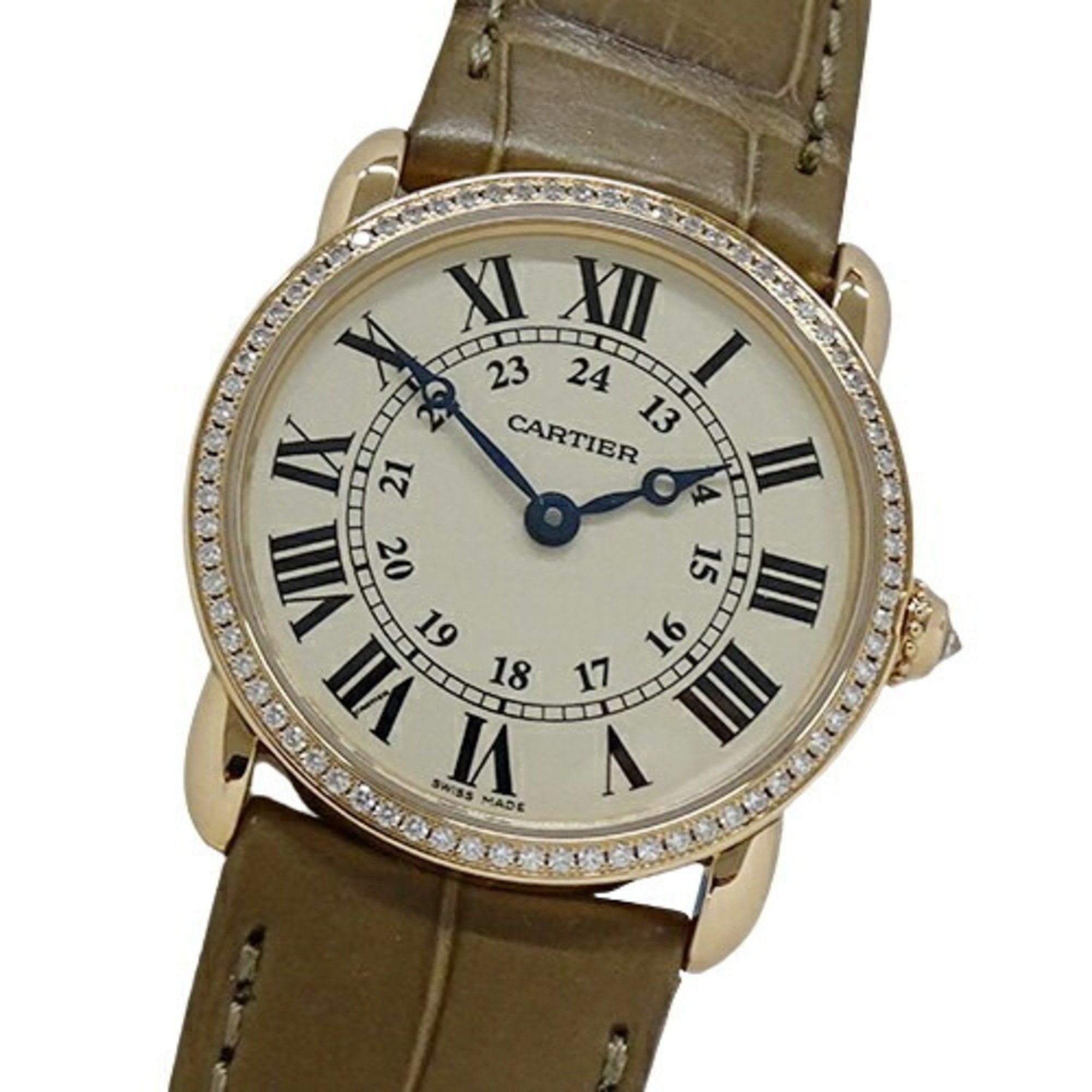 Cartier Ronde Louis Ladies Watch Diamond Quartz 750PG Leather WR000351 Pink Gold Ivory Round Polishe