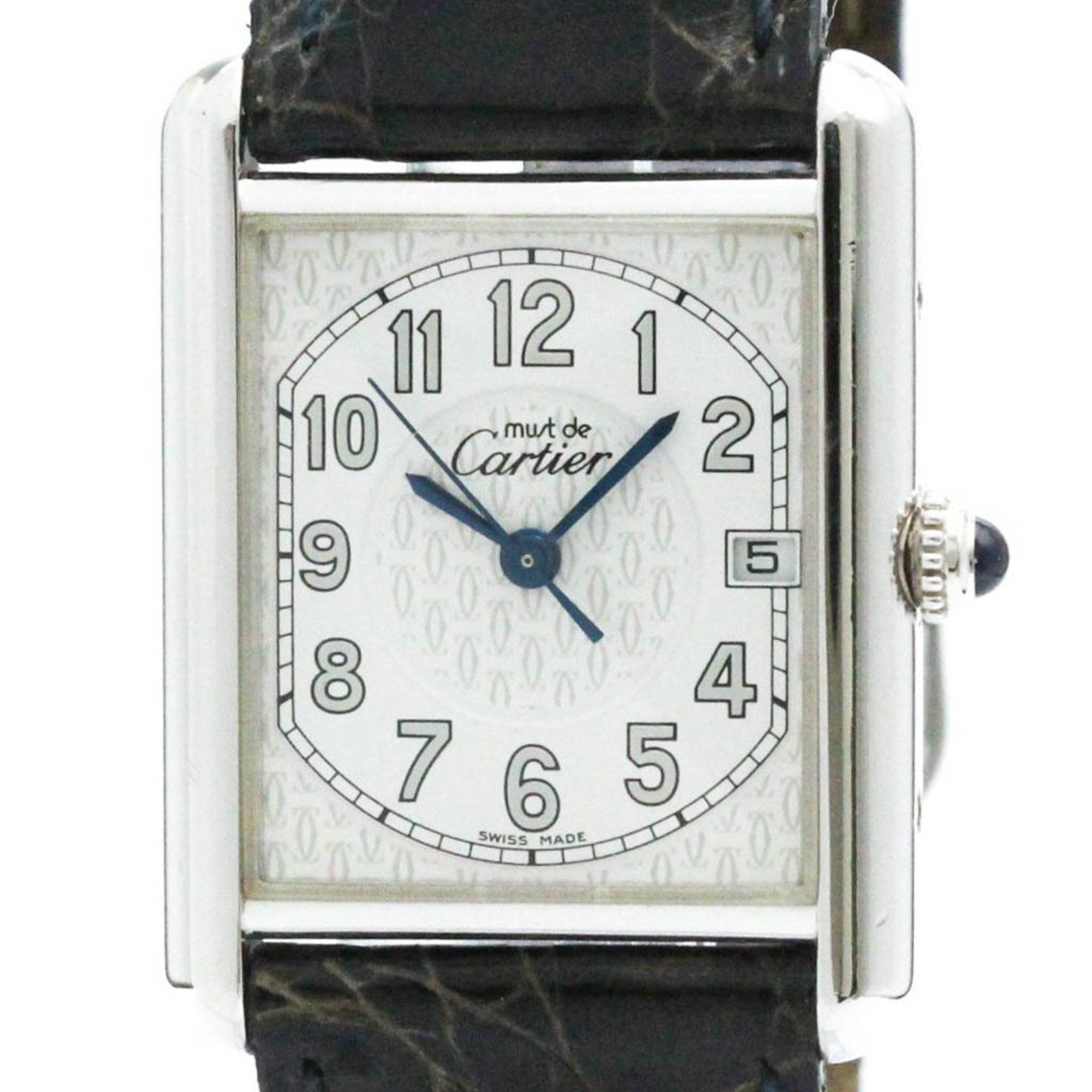 CARTIER Must Tank Silver 925 Leather Quartz Mens Watch W1014354