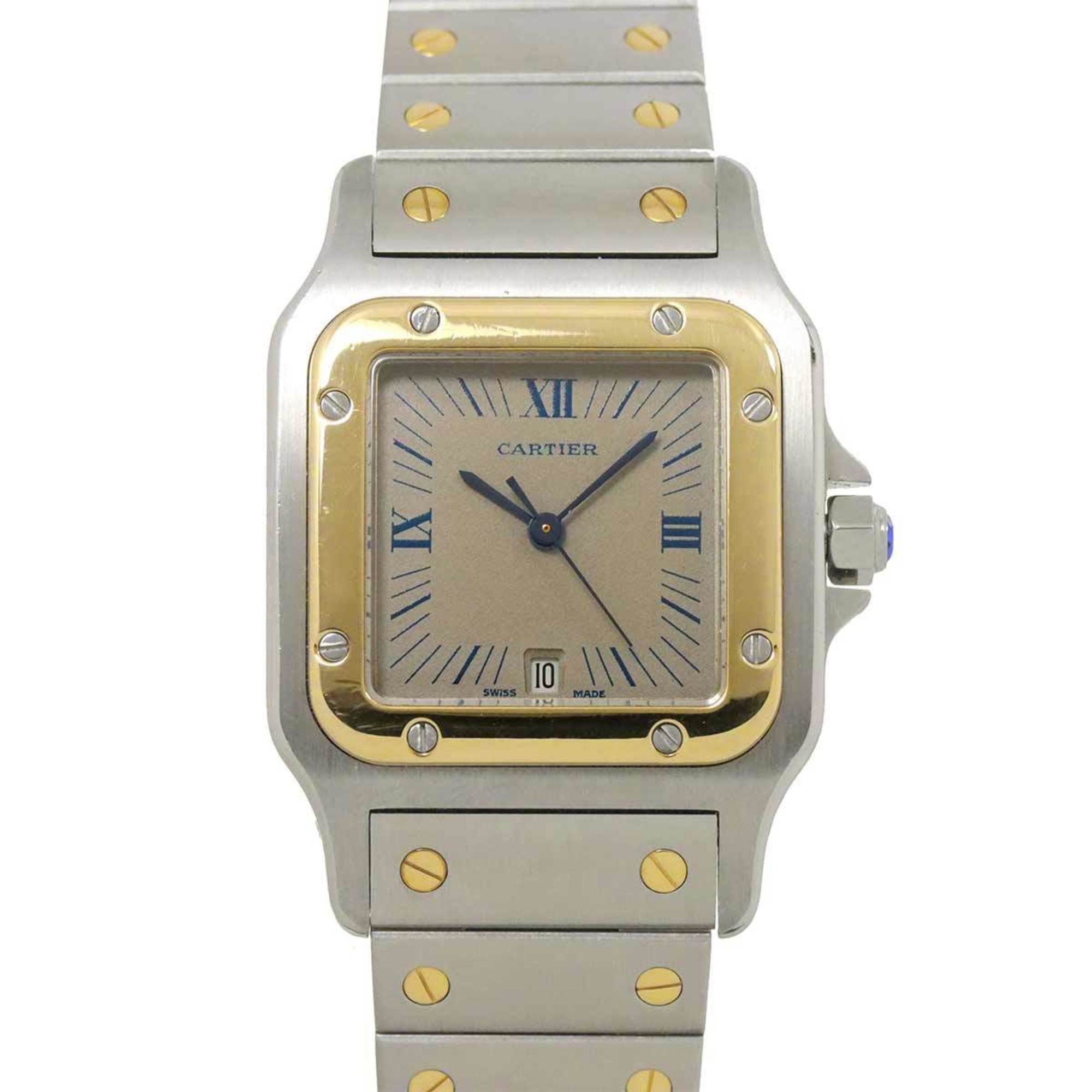 Cartier Santos Galbe LM Combi W20023C4 Men's Watch Date Gray K18YG Yellow Gold Quartz