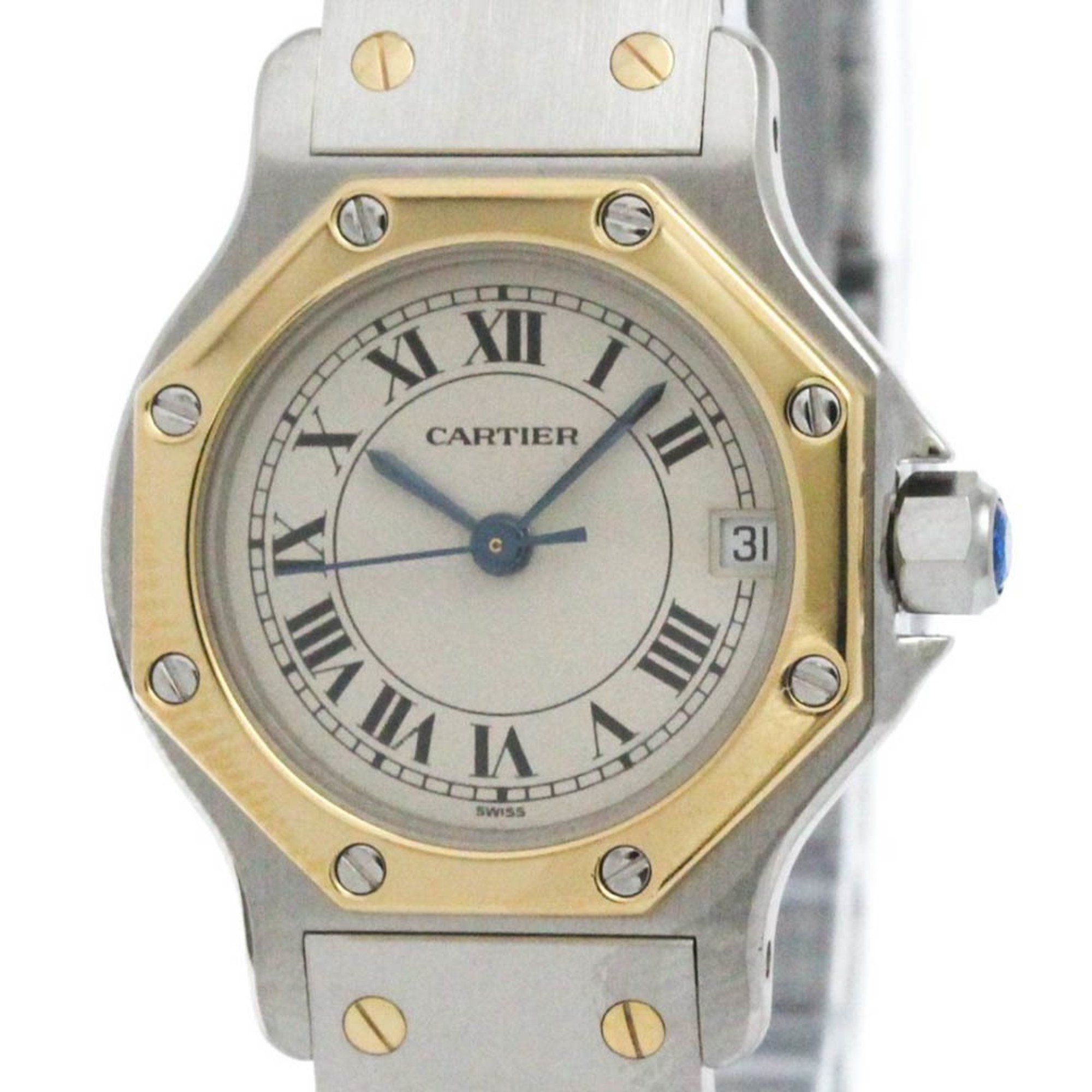 CARTIER Santos Octagon 18K Gold Steel Quartz Ladies Watch Polished