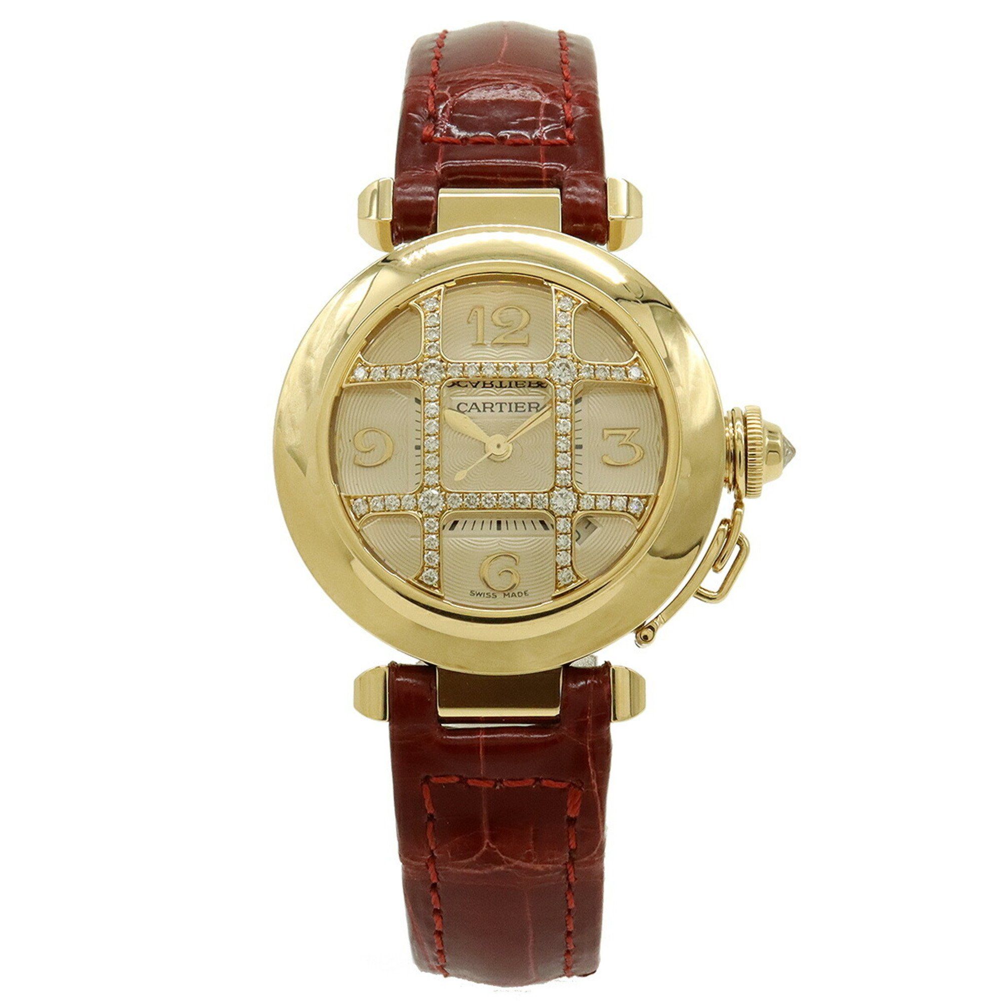 Cartier Pasha 32 K18 Leather Strap Diamond Grid 32mm Ladies AT Automatic Watch WJ116036