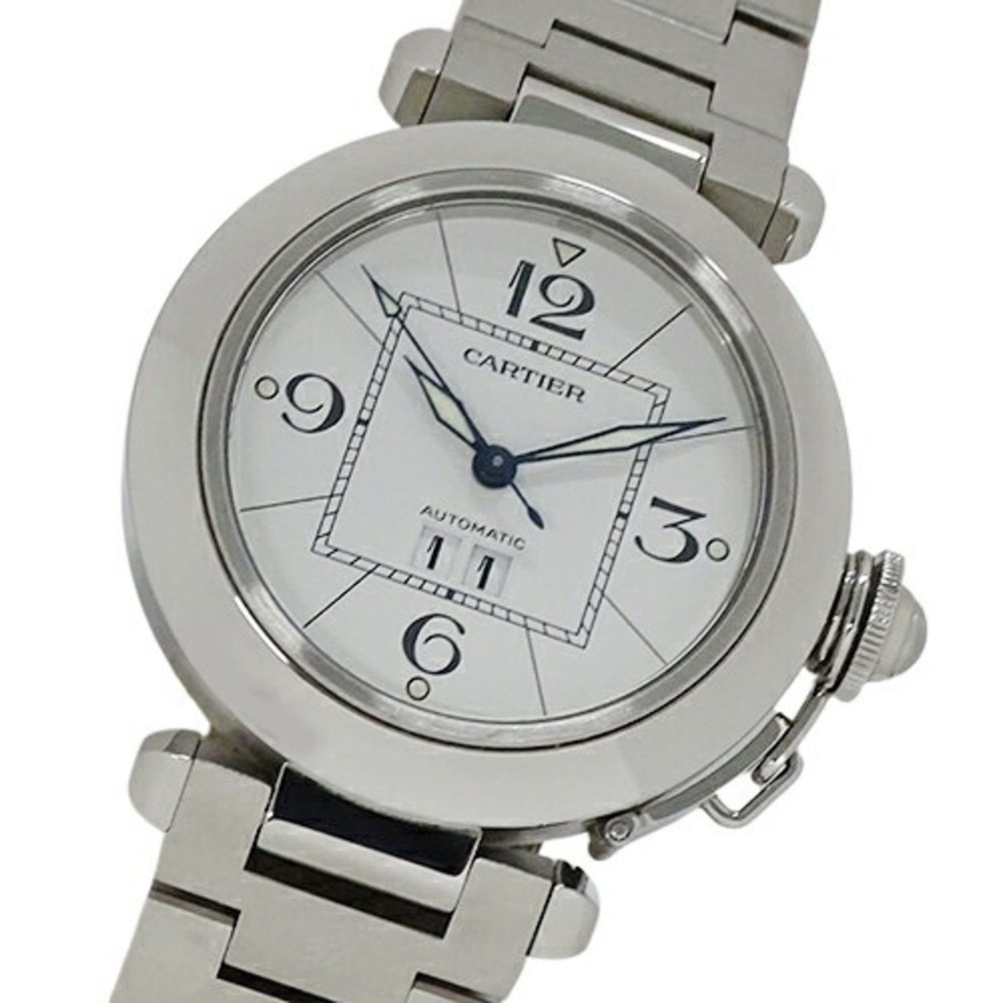 Cartier Pasha C Big Date Automatic Watch for Boys AT Stainless Steel SS W31055M7 Silver White Polish
