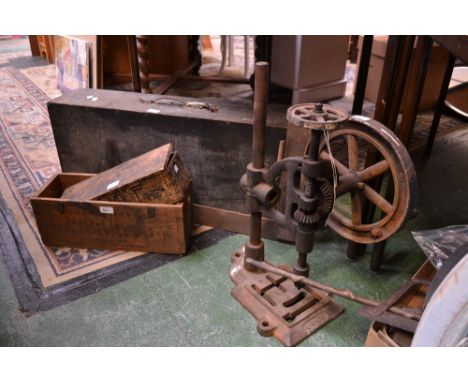 A carpenter's box; spoke shaves; rebate plane blades; mortise gauge; hobbing feet; set square; pillar drill; scratch made sex