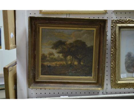 English School (early 19th century)Nearing the Village, Figures in a Spinneyinscribed to verso in pencil JB Crome, oil on pan