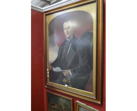 English School (mid-19th century)Portrait of a Gentleman, three-quarter length, seated on a spoon back armchair, wearing stif