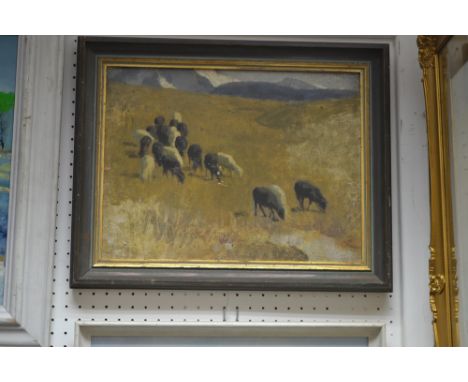 Australian SchoolSheep Grazing, Near Warragul, Victoriaoil on plywood panel, 29cm x 37.5cm