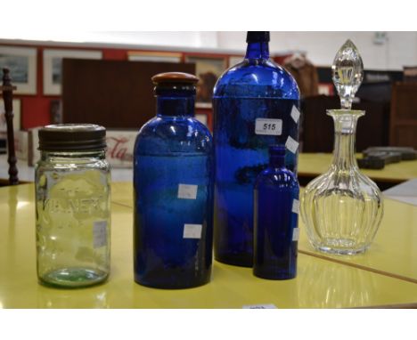 Three Bristol blue apothecary bottles; a Kilner jar; a decanter (5)