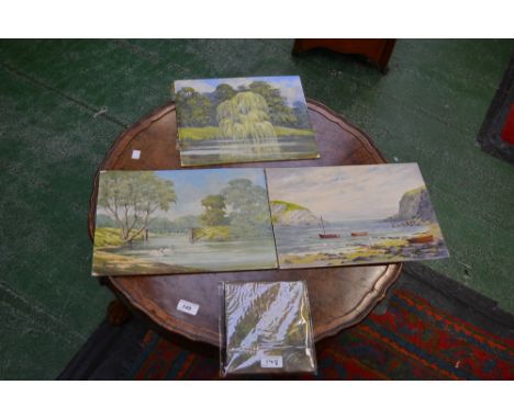 Frank JowettBoats in a Covesigned, oil on board, 25.5cm x 35.5cm; others; another oil on panel indistinctly signed (4)