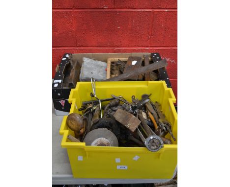 Tools - a Record plough plane; a Keen hand-cranked grinding wheel; wooden planes, spanners, files, etc