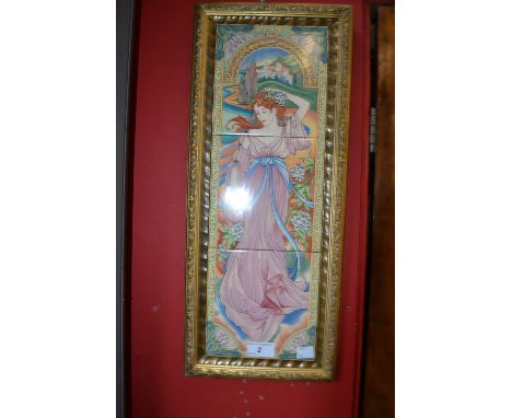 An Art Nouveau three tile plaque, of a young lady