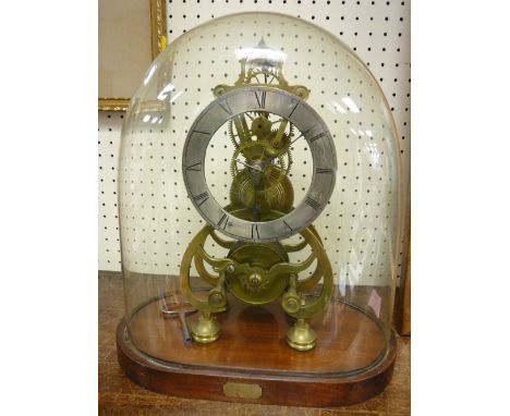 Antique six pillar brass skeleton clock, single fusee movement and silvered chapter ring set with Roman numerals under a glas