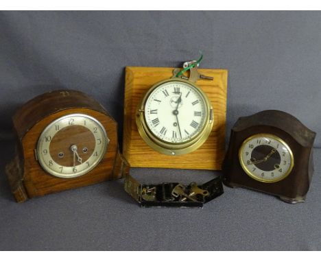 Brass ship's clock with painted dial on a wooden plaque, a Smiths Enfield clock, another mantel clock and a quantity of clock