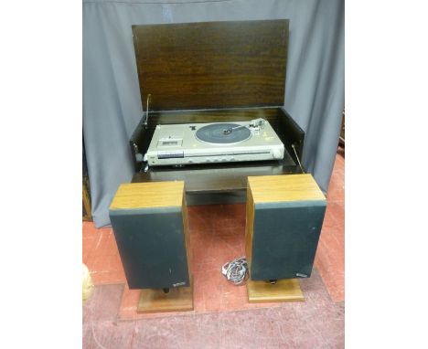 Hitachi SDT-118 vintage Dolby stereo system in a Jacobean style oak cabinet with teak speakers, on stands, 72 cms high, 82 cm