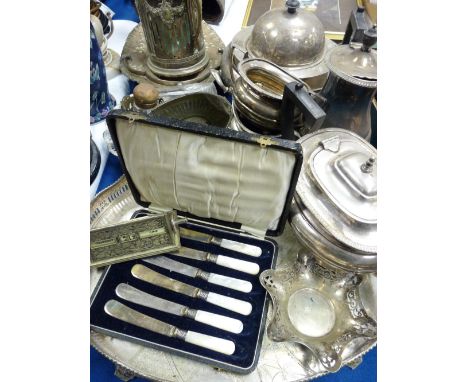 Four piece plated tea service, a decorative desk calendar and Sellotape holder set, a two handled gallery tray and other item