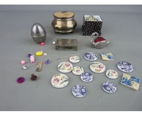 Small silver dressing table trinket box, a white metal vesta case, two modern white metal pin cushions etc