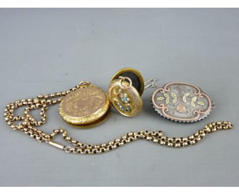 Circular bright cut gold front and back locket with a nine carat gold muff chain, chain weight 10.5 grms, a further yellow me