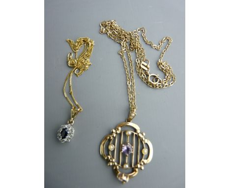Nine carat gold fine link necklace with oval cluster pendant, 1.6 grms and a nine carat gold lyre pendant with seed pearl dec
