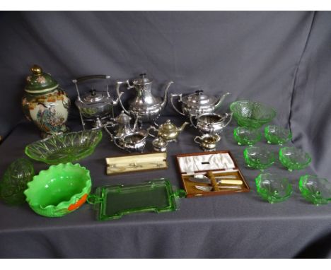 Collection of non-matching plated tea service, boxed plated cutlery, various items of green glassware and a handpainted Satsu