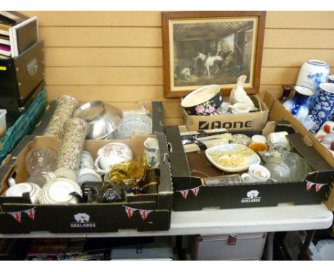 Four boxes of Victorian and later collectables, crockery and household goods, with a framed print of horses in a barn