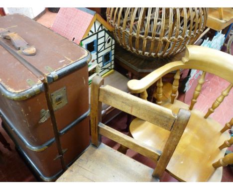 Parcel of mixed furniture comprising two Edwardian box seat piano stools, a Windsor elbow chair, a lobster pot wicker stool, 