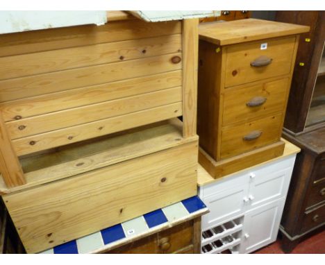 Three drawer reproduction pine chest, two lidded storage boxes and a white kitchen storage cabinet with wine rack and light w