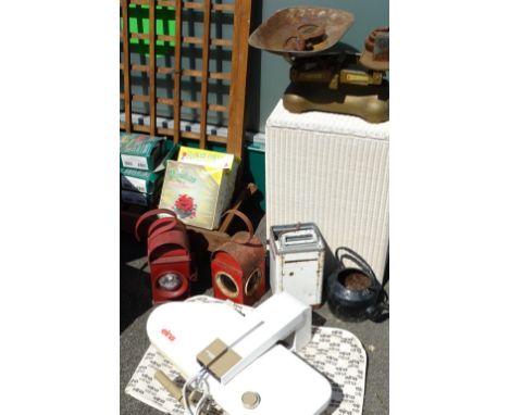 Two roadside warning lamps, a toy Hoover washing machine with mangle, a set of W &amp; T Avery Ltd shop scales with weights, 