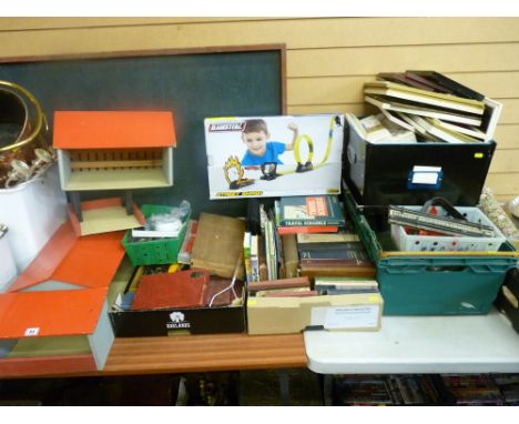 Mixed collectables lot including a toy farmyard board and buildings, EPNS and other cutlery, vintage books and picture frames