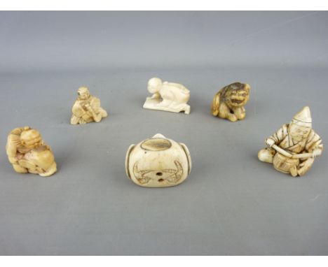 Four Meiji period Japanese ivory netsukes and two small figurines, one netsuke in the form of a humorous fat bird, various me