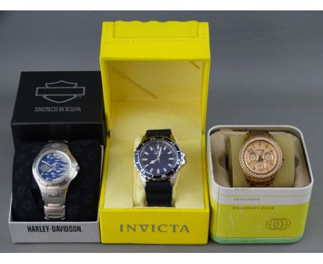 Three boxed designer gent's watches - Fossil, Invicta &amp; Harley Davidson 