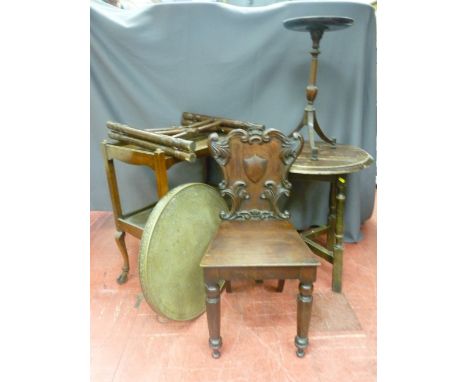 Circular pub table, Victorian shield back hall chair, two tier mahogany tea trolley, Benares brass top folding table and a vi