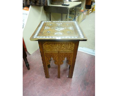 Victorian Persian type multi-wood and mother of pearl inlaid side table, 62 cms high, 45 cms square top (cut to one edge, som