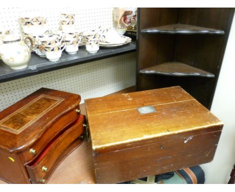 Mappin &amp; Webb lidded box with white metal presentation plaque, a mixed woods jewellery chest with lift-up lid and a repro