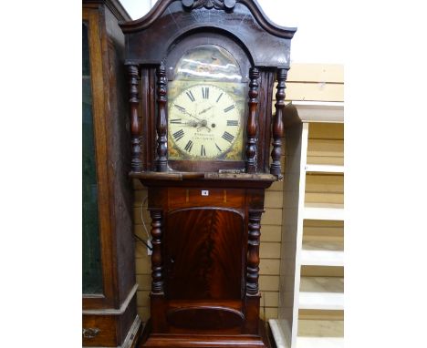Mid to Late 19th Century mahogany longcase clock (case for restoration and having an arched hood with painted dial, eight day