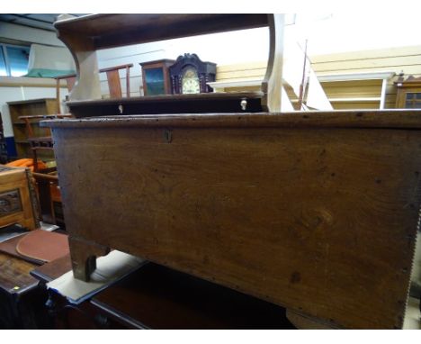 Oblong pine carpenter's chest with interior twin compartment tray, 100 cms wide and a twin shelf wall hanging rack