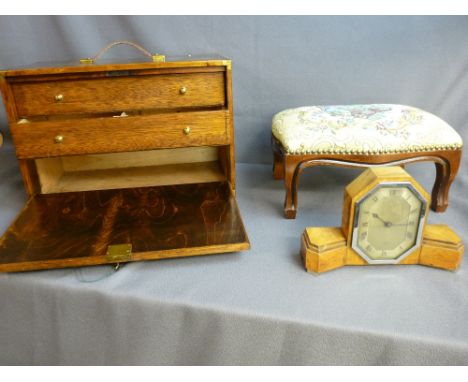 Portable collector's chest with lockable fall down front, a small upholstered top footstool and an Art Deco Elliott walnut ma