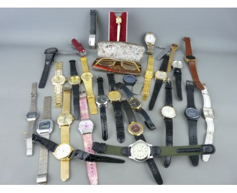 Collection of lady's and gent's wristwatches, three pocket knives and a cased set of vintage spectacles