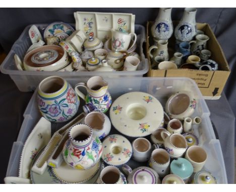 Two plastic crates containing a large quantity of mainly Poole pottery and a box of German stoneware water jugs etc