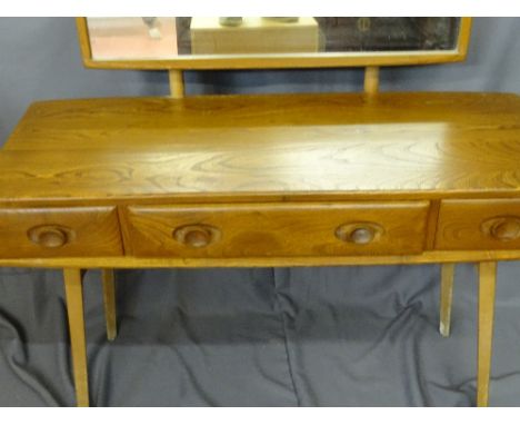 Ercol light wood oblong dressing table with three opening drawers and an open base