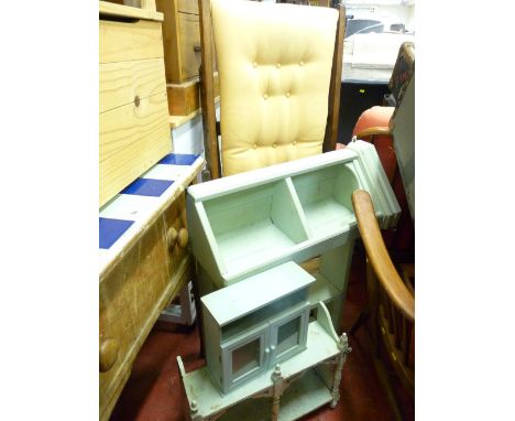Vintage fold-up steamer type deckchair and four blue painted display racks