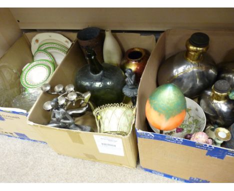 Two boxes of modern and vintage style ornamental ware including an Art Deco style lamp with iridescent glass shade