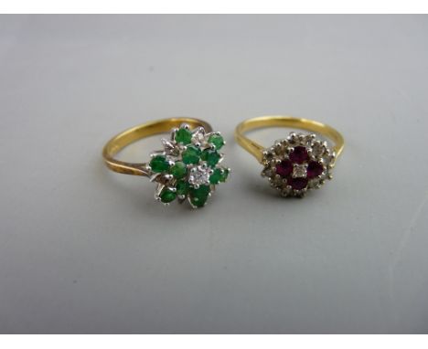 Eighteen carat gold emerald and diamond cluster ring, 4.2 grms, size N/O and an eighteen carat gold diamond and ruby cluster 