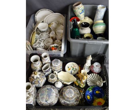Three tubs of miscellaneous household pottery including Royal Imperial part tea service, Oriental decorated pottery, figurine
