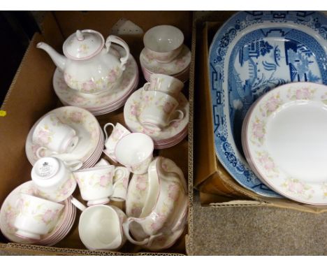 Staffordshire pink and floral decorated part dinner and tea service with a large Willow pattern meat plate