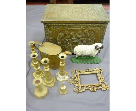 Repousse brass log box, further vintage brassware and a cast iron sheep doorstop