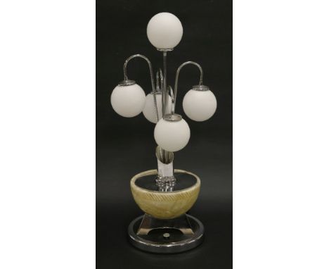 A five-light table lamp, with white glass globe shades, with a further light in the alabaster bowl, 80cm high