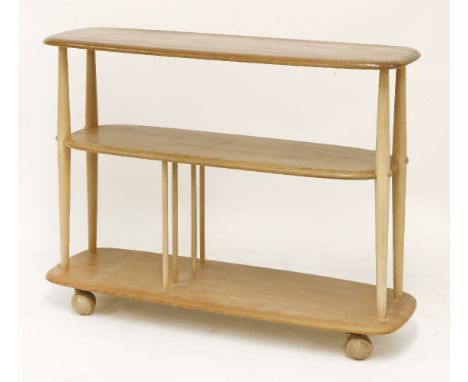An Ercol light elm three-tier open whatnot,on ball castors,92cm wide32cm deep71.5cm high