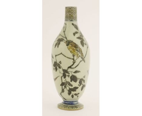 A Martin Brothers' stoneware vase,1884, of slender shape, incised with finches and a butterfly amongst fruiting foliage on a 
