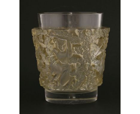 A Lalique 'Bacchus' glass vase,deeply moulded with a band of figures amongst foliage, stencilled 'R LALIQUE, FRANCE',18cm hig